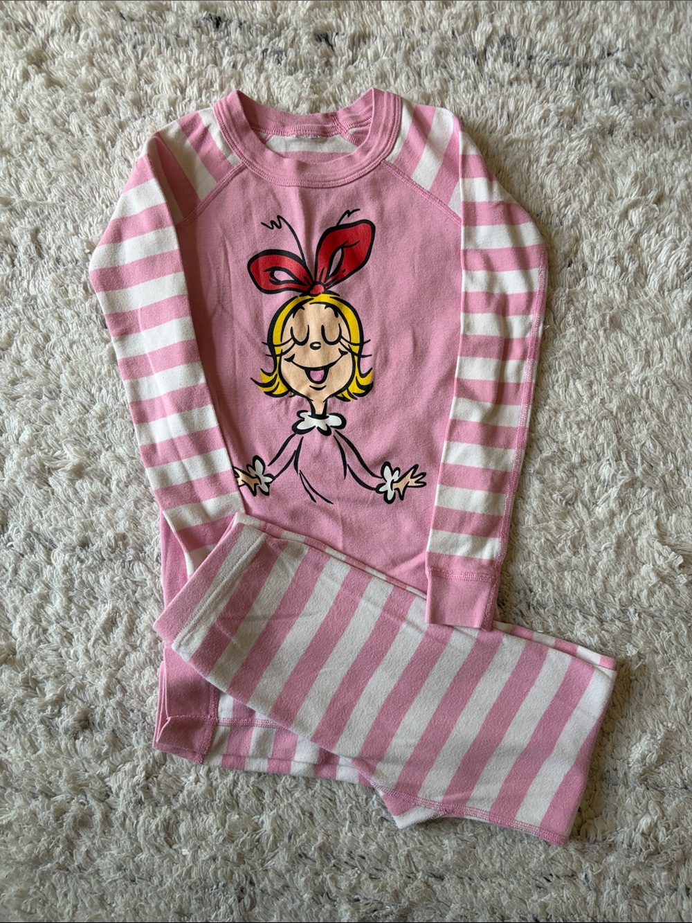 Hanna Andersson Pink and White Striped Cartoon-Front Pajama Set